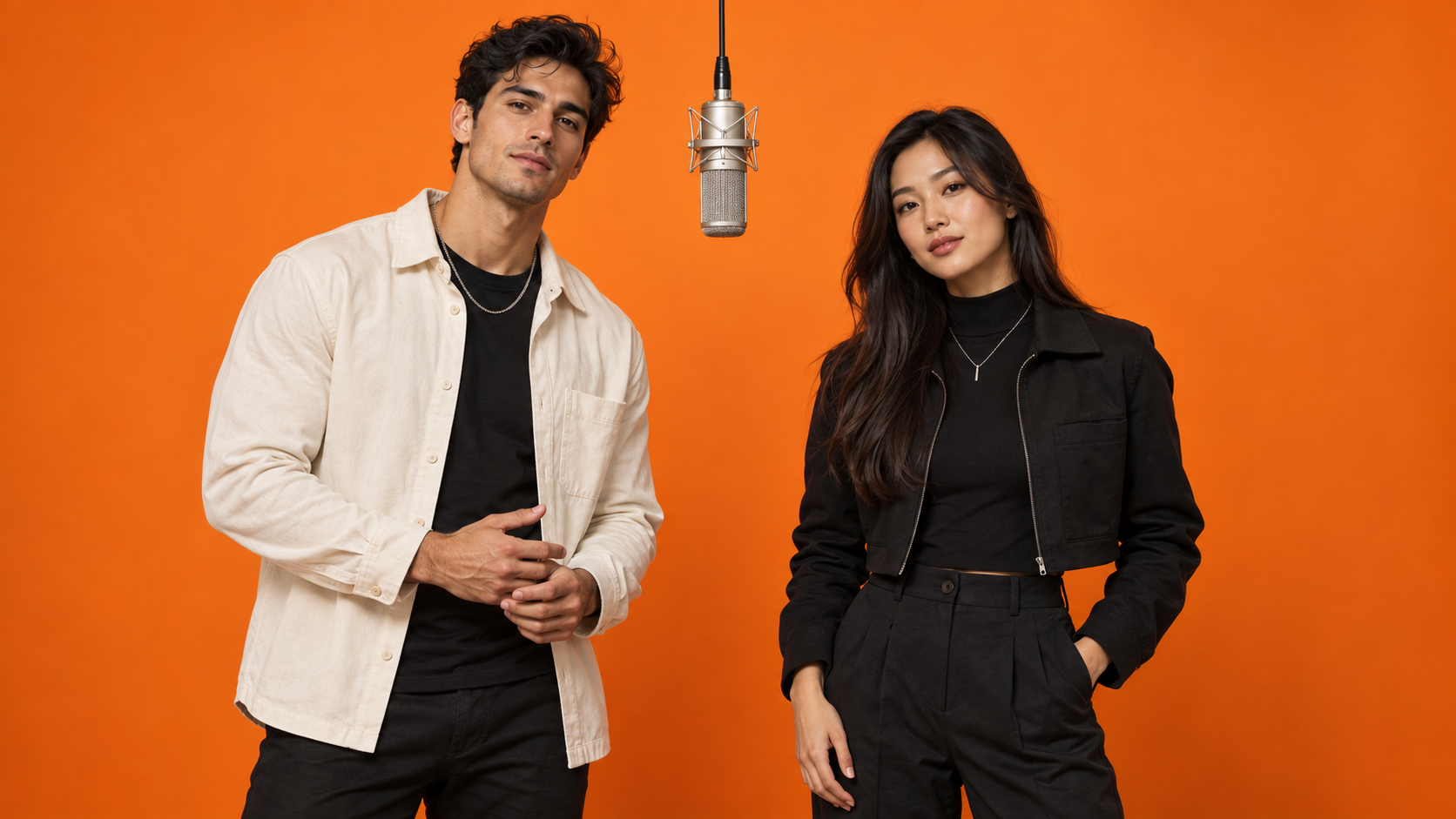 Concept artwork of two fictional adults beside a hanging microphone in an orange studio